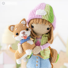 Charger l'image dans la galerie, Amigurumi Crochet Doll Pattern for Friendy April with Timmy the Corgi from "AradiyaToys Friendies" collection tutorial PDF file modern dolls