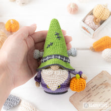 Load image into Gallery viewer, halloween crochet pattern for frankenstein gnome amigurumi tutorial AradiyaToys spooky season crochet DIY tutorial PDF file handmade pattern