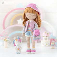 Indlæs billede til gallerivisning Crochet Doll Pattern for Friendy Mika with Rainbow Unicorn from "AradiyaToys Friendies" collection (Amigurumi tutorial PDF file) modern doll