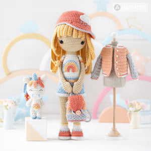 Crochet Doll Pattern for Friendy Mika with Rainbow Unicorn from "AradiyaToys Friendies" collection (Amigurumi tutorial PDF file) modern doll