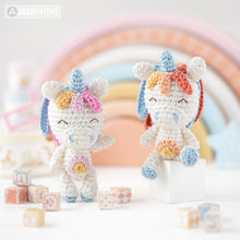 Indlæs billede til gallerivisning Crochet Doll Pattern for Friendy Mika with Rainbow Unicorn from "AradiyaToys Friendies" collection (Amigurumi tutorial PDF file) modern doll