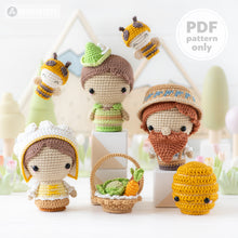 Charger l'image dans la galerie, 6-in-1 bee farm crochet pattern amigurumi by AradiyaToys mini kingdom beekeeper beehive basket of vegetables DIY handmade tutorial PDF file