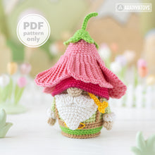 Load image into Gallery viewer, amigurumi flower gnome crochet pattern PDF by AradiyaToys Mini Kingdom hibiscus hat garden floral DIY handmade tutorial