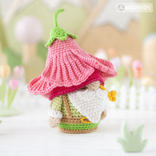 Load image into Gallery viewer, amigurumi flower gnome crochet pattern PDF by AradiyaToys Mini Kingdom hibiscus hat garden floral DIY handmade tutorial