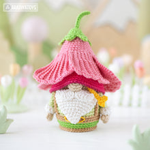 Load image into Gallery viewer, amigurumi flower gnome crochet pattern PDF by AradiyaToys Mini Kingdom hibiscus hat garden floral DIY handmade tutorial