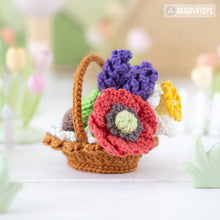 Afbeelding in Gallery-weergave laden, flower basket crochet pattern PDF narcissus poppy lavender amigurumi flowers DIY tutorial mini kingdom handmade instant download bouquet