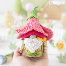 Load image into Gallery viewer, amigurumi flower gnome crochet pattern PDF by AradiyaToys Mini Kingdom hibiscus hat garden floral DIY handmade tutorial