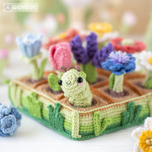 Load image into Gallery viewer, 11-in-1 flower field crochet pattern PDF file amigurumi Mini Kingdom tulip lavender poppy chamomile hydrangea peony caterpillar DIY tutorial