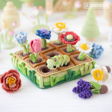 Load image into Gallery viewer, 11-in-1 flower field crochet pattern PDF file amigurumi Mini Kingdom tulip lavender poppy chamomile hydrangea peony caterpillar DIY tutorial