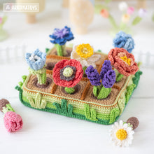 Load image into Gallery viewer, 11-in-1 flower field crochet pattern PDF file amigurumi Mini Kingdom tulip lavender poppy chamomile hydrangea peony caterpillar DIY tutorial