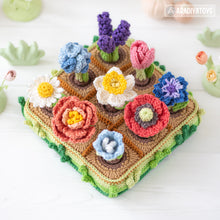 Load image into Gallery viewer, 11-in-1 flower field crochet pattern PDF file amigurumi Mini Kingdom tulip lavender poppy chamomile hydrangea peony caterpillar DIY tutorial