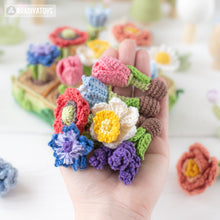 Load image into Gallery viewer, 11-in-1 flower field crochet pattern PDF file amigurumi Mini Kingdom tulip lavender poppy chamomile hydrangea peony caterpillar DIY tutorial