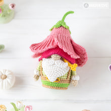 Load image into Gallery viewer, amigurumi flower gnome crochet pattern PDF by AradiyaToys Mini Kingdom hibiscus hat garden floral DIY handmade tutorial