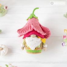 Load image into Gallery viewer, amigurumi flower gnome crochet pattern PDF by AradiyaToys Mini Kingdom hibiscus hat garden floral DIY handmade tutorial