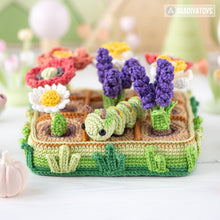 Load image into Gallery viewer, 11-in-1 flower field crochet pattern PDF file amigurumi Mini Kingdom tulip lavender poppy chamomile hydrangea peony caterpillar DIY tutorial