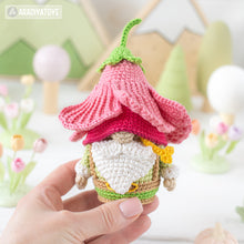 Load image into Gallery viewer, amigurumi flower gnome crochet pattern PDF by AradiyaToys Mini Kingdom hibiscus hat garden floral DIY handmade tutorial