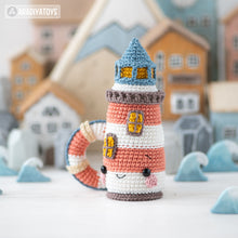 Load image into Gallery viewer, kawaii lighthouse crochet pattern PDF amigurumi lifebuoy DIY tutorial nautical decor mini kingdom coastal sea toy easy crochet pattern