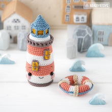 Load image into Gallery viewer, kawaii lighthouse crochet pattern PDF amigurumi lifebuoy DIY tutorial nautical decor mini kingdom coastal sea toy easy crochet pattern