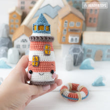 Load image into Gallery viewer, kawaii lighthouse crochet pattern PDF amigurumi lifebuoy DIY tutorial nautical decor mini kingdom coastal sea toy easy crochet pattern