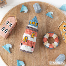 Load image into Gallery viewer, kawaii lighthouse crochet pattern PDF amigurumi lifebuoy DIY tutorial nautical decor mini kingdom coastal sea toy easy crochet pattern