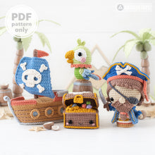 Charger l'image dans la galerie, Treasure Island from “Mini Kingdom” collection / crochet patterns by AradiyaToys (Amigurumi tutorial PDF file), pirate, ship, parrot, chest