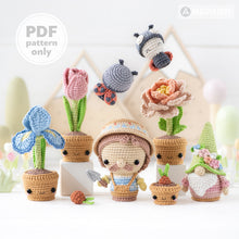 Charger l'image dans la galerie, Secret Garden from “Mini Kingdom” collection / crochet patterns by AradiyaToys (Amigurumi tutorial PDF file), crochet flowers, amigurumi gnome, crochet ladybug, amigurumi gardener