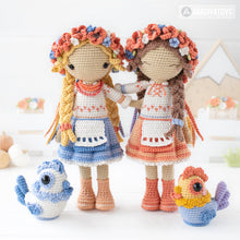 Load image into Gallery viewer, Friendy Lesia the Ukrainian doll with Unbreakable Rooster from &quot;AradiyaToys Friendies&quot; collection / crochet doll pattern (Amigurumi tutorial PDF file), Ukraine
