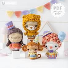 Afbeelding in Gallery-weergave laden, Circus Minis from “AradiyaToys Minis” collection / crochet patterns by AradiyaToys (Amigurumi tutorial PDF file) / crochet circus / clown
