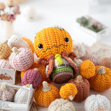 Load image into Gallery viewer, 5-in-1 halloween characters crochet pattern pdf sad clown frankenstein gnome pumpkinhead plague doctor el diablito amigurumi diy toy set
