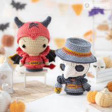 Load image into Gallery viewer, 5-in-1 halloween characters crochet pattern pdf sad clown frankenstein gnome pumpkinhead plague doctor el diablito amigurumi diy toy set
