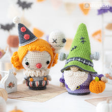 Load image into Gallery viewer, 5-in-1 halloween characters crochet pattern pdf sad clown frankenstein gnome pumpkinhead plague doctor el diablito amigurumi diy toy set
