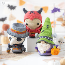 Load image into Gallery viewer, 5-in-1 halloween characters crochet pattern pdf sad clown frankenstein gnome pumpkinhead plague doctor el diablito amigurumi diy toy set
