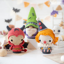 Load image into Gallery viewer, 5-in-1 halloween characters crochet pattern pdf sad clown frankenstein gnome pumpkinhead plague doctor el diablito amigurumi diy toy set
