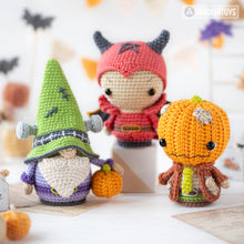 Load image into Gallery viewer, 5-in-1 halloween characters crochet pattern pdf sad clown frankenstein gnome pumpkinhead plague doctor el diablito amigurumi diy toy set
