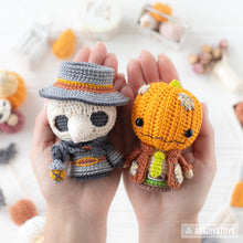 Load image into Gallery viewer, 5-in-1 halloween characters crochet pattern pdf sad clown frankenstein gnome pumpkinhead plague doctor el diablito amigurumi diy toy set
