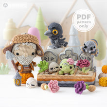 Carica l&#39;immagine nel visualizzatore di Gallery, 4-in-1 halloween night crochet pattern graveyard amigurumi tutorial AradiyaToys mini kingdom DIY raven spider zombie howto digital PDF file
