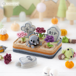 4-in-1 halloween night crochet pattern graveyard amigurumi tutorial AradiyaToys mini kingdom DIY raven spider zombie howto digital PDF file