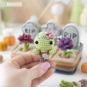 graveyard halloween crochet pattern cemetery amigurumi tutorial by AradiyaToys mini kingdom zombie crochet tombstone DIY file handmade PDF