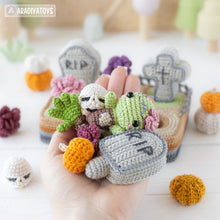 Load image into Gallery viewer, graveyard halloween crochet pattern cemetery amigurumi tutorial by AradiyaToys mini kingdom zombie crochet tombstone DIY file handmade PDF
