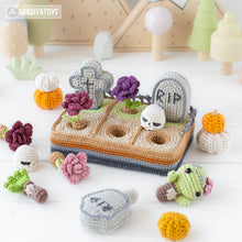 Load image into Gallery viewer, graveyard halloween crochet pattern cemetery amigurumi tutorial by AradiyaToys mini kingdom zombie crochet tombstone DIY file handmade PDF
