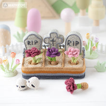 Load image into Gallery viewer, graveyard halloween crochet pattern cemetery amigurumi tutorial by AradiyaToys mini kingdom zombie crochet tombstone DIY file handmade PDF
