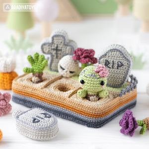 4-in-1 halloween night crochet pattern graveyard amigurumi tutorial AradiyaToys mini kingdom DIY raven spider zombie howto digital PDF file