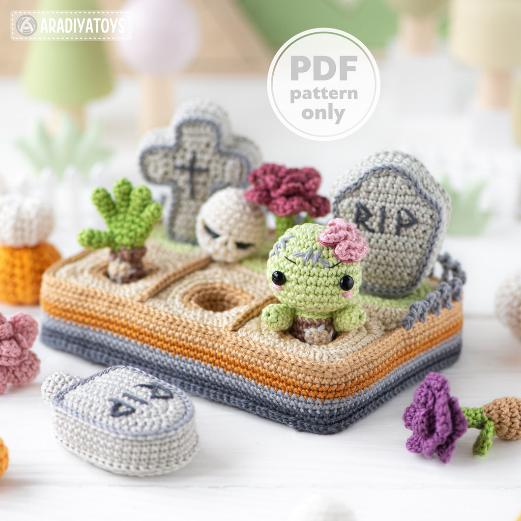 graveyard halloween crochet pattern cemetery amigurumi tutorial by AradiyaToys mini kingdom zombie crochet tombstone DIY file handmade PDF