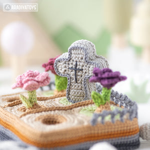 graveyard halloween crochet pattern cemetery amigurumi tutorial by AradiyaToys mini kingdom zombie crochet tombstone DIY file handmade PDF