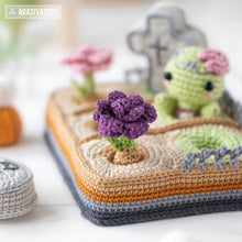 Load image into Gallery viewer, graveyard halloween crochet pattern cemetery amigurumi tutorial by AradiyaToys mini kingdom zombie crochet tombstone DIY file handmade PDF
