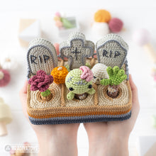 Load image into Gallery viewer, graveyard halloween crochet pattern cemetery amigurumi tutorial by AradiyaToys mini kingdom zombie crochet tombstone DIY file handmade PDF
