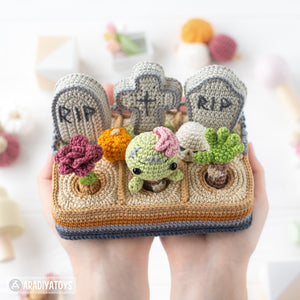 graveyard halloween crochet pattern cemetery amigurumi tutorial by AradiyaToys mini kingdom zombie crochet tombstone DIY file handmade PDF