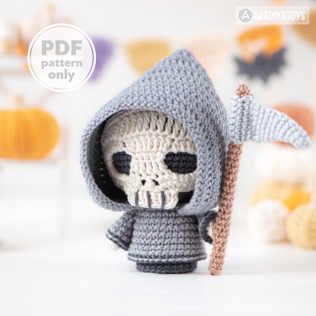 grim reaper crochet pattern halloween amigurumi tutorial AradiyaToys spooky season crochet DIY tutorial PDF file handmade amigurumi pattern