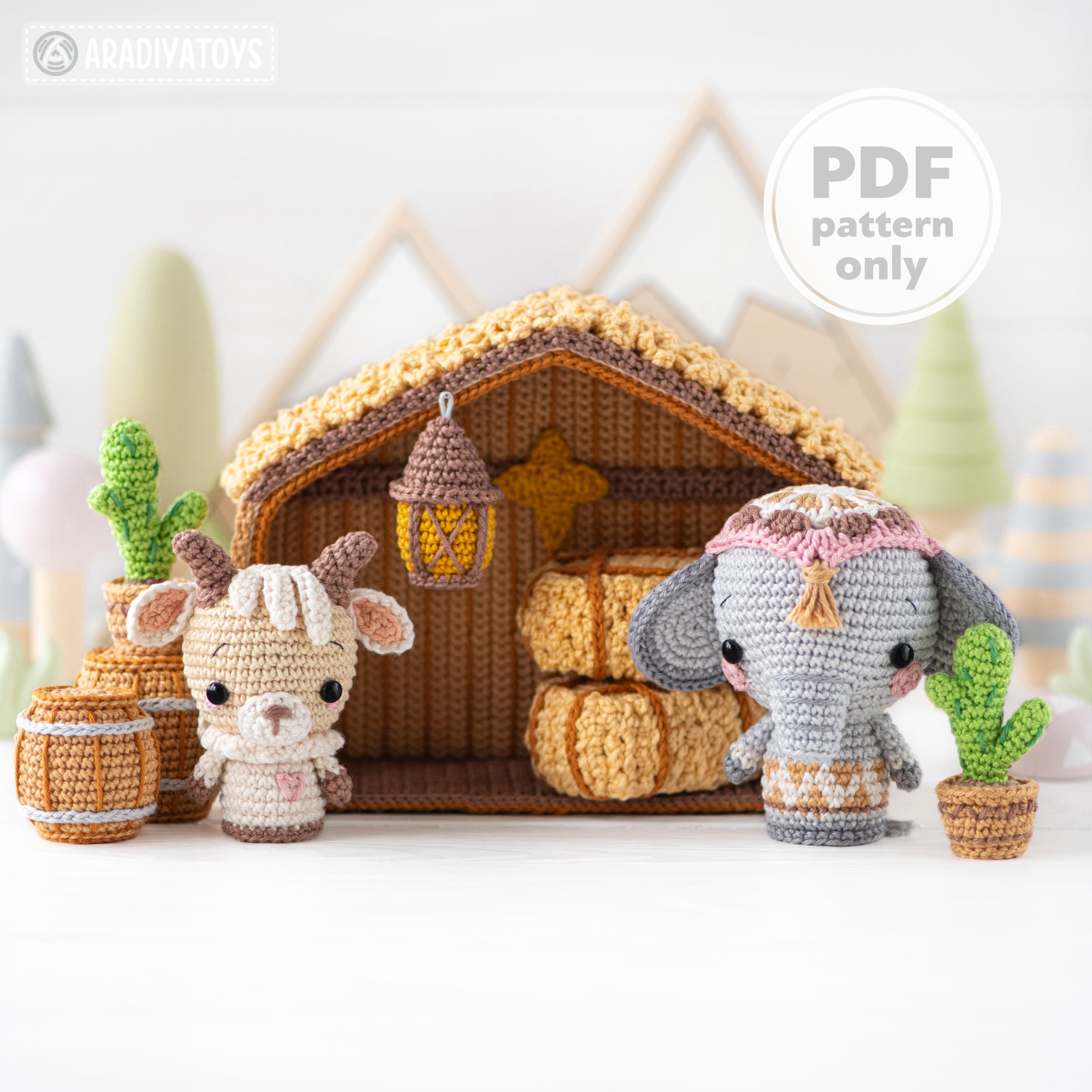 あんちゃん　編みぐるみ　キリストの降誕　東方三賢人と羊飼い(大きいサイズ） 7 in 1 Nativity Crochet Pattern Set Stable Goatling Elephant DIY