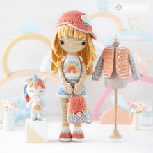 Cargar imagen en el visor de la galería, Crochet Doll Pattern for Friendy Mika with Rainbow Unicorn from &quot;AradiyaToys Friendies&quot; collection (Amigurumi tutorial PDF file) modern doll
